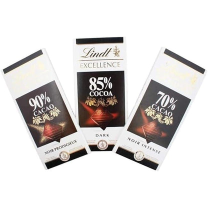 Lindat Excellence Combo 90%, 85% and 70% Cocoa Dark Chocolate Bars, 100g Each