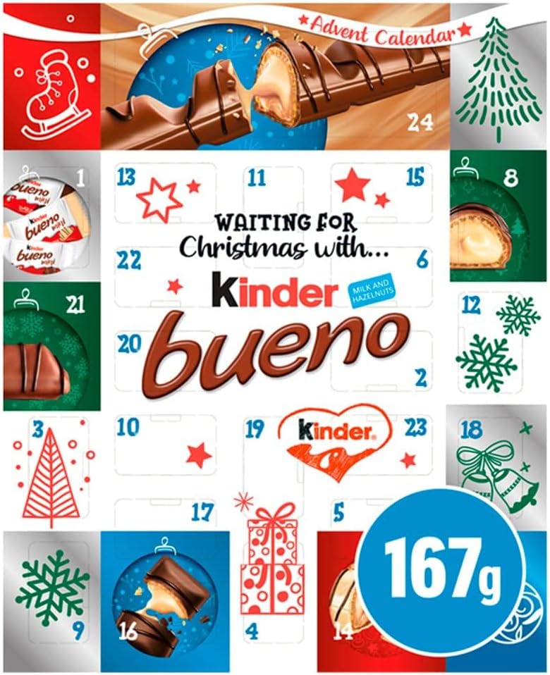 Kinder Bueno Advent Calendar 2024, Christmas Advent, 24 Assorted Milk Chocolate (167g)