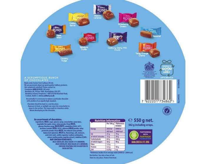 Cadbury Roses Tub Milk Chocolates Assortment, 550g